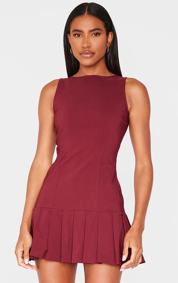 PrettyLittleThing.com Burgundy Stretch Woven Frill Hem Shift Dress