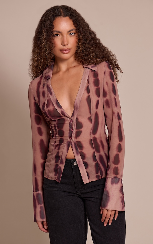 Tall Khaki Printed Mesh Button Front Blouse