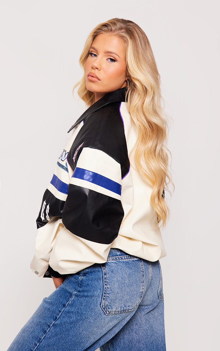 Cream Faux Leather Oversized Contrast Motorcross Bomber Jacket image 2