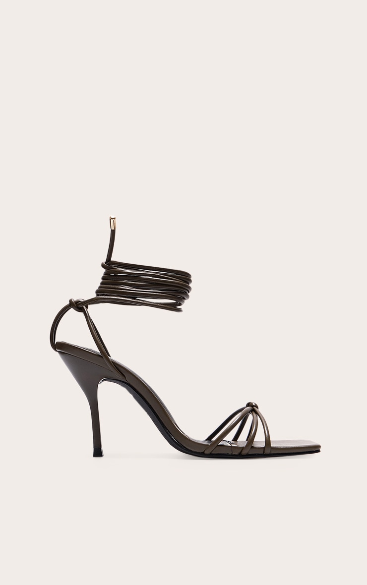 Wide Fit Olive PU Square Toe Lace Up High Stiletto Heeled Sandals image 1