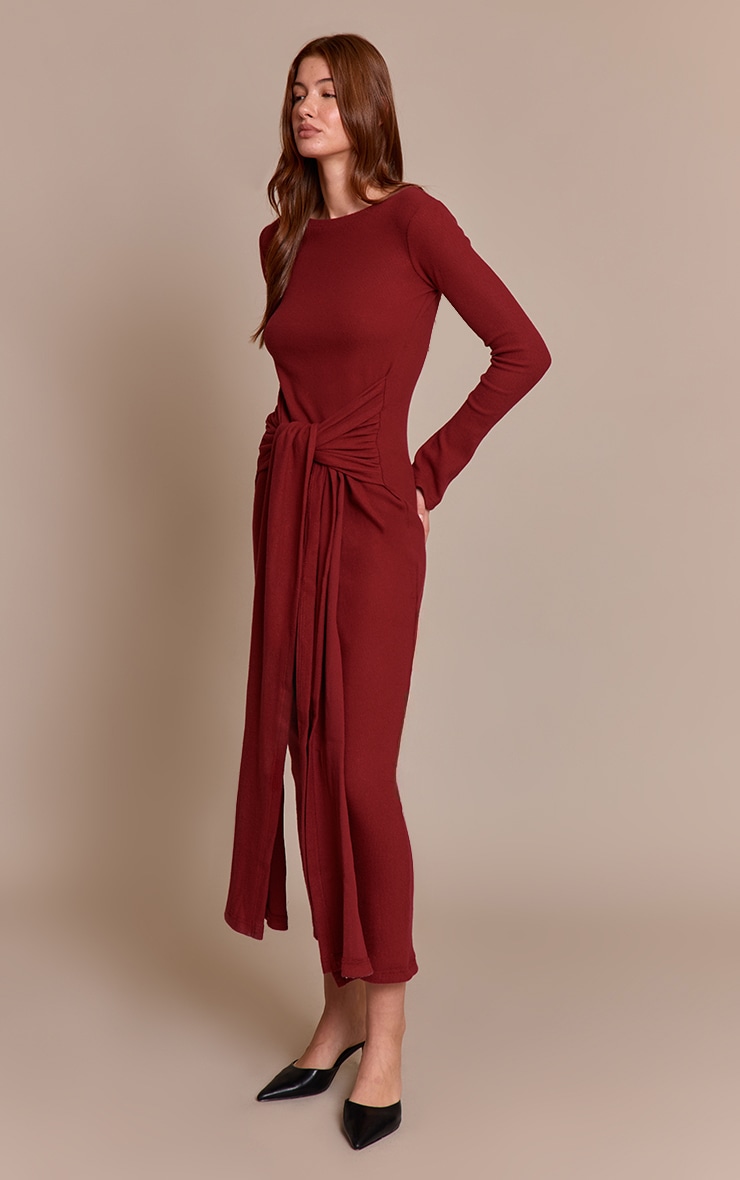 Wine Heavy Brushed Rib Wrap Tie Maxi Dress image 3