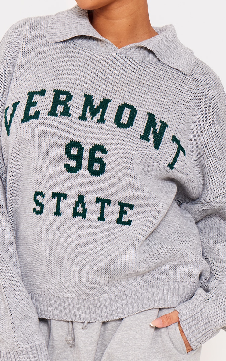 Plus Pull gris à col replié et slogan "Vermont 96 State" image 4