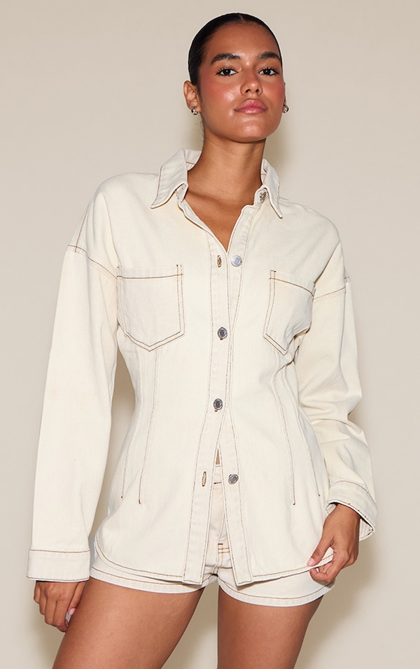  Washed Stone Seam Detail Cinch Waist Longline Shirt