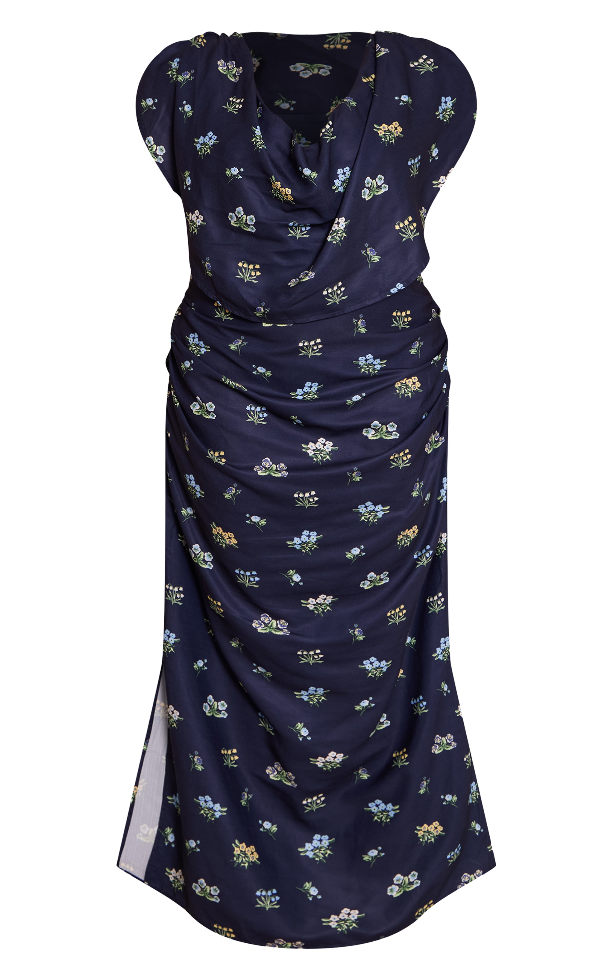 Plus Navy Floral Extreme Cowl Ruched Detail Maxi Dress image 5