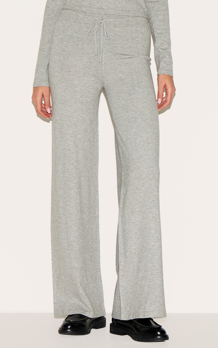 Ash Grey Soft Knit Drawstring Waist Wide Leg Trousers image 2