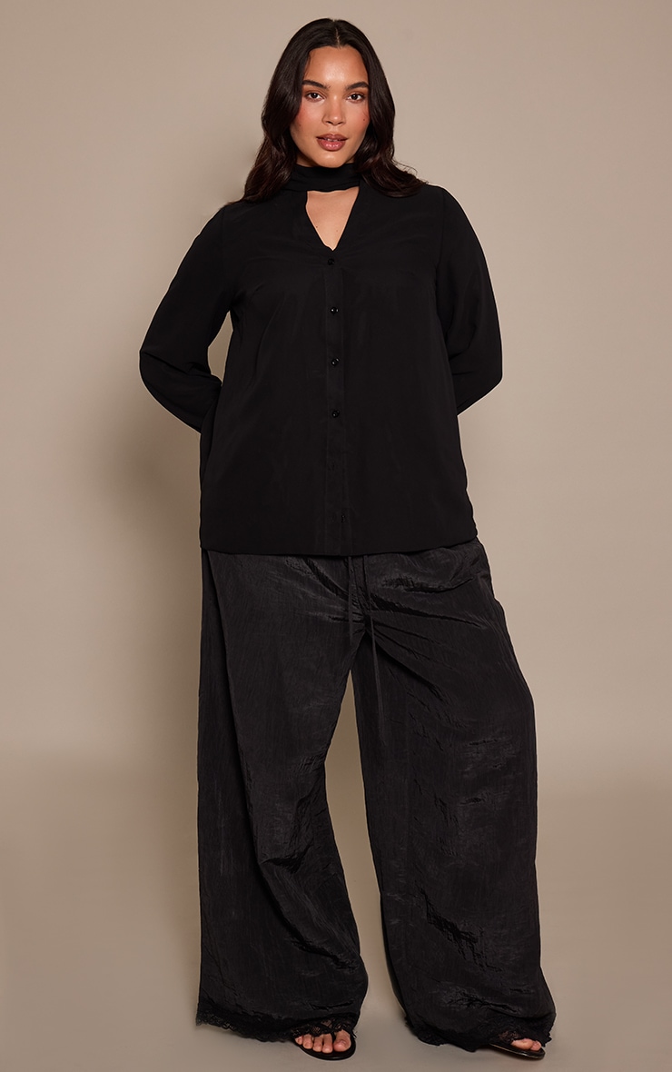 Plus Black Chiffon Plunge Scarf Detail Shirt image 3