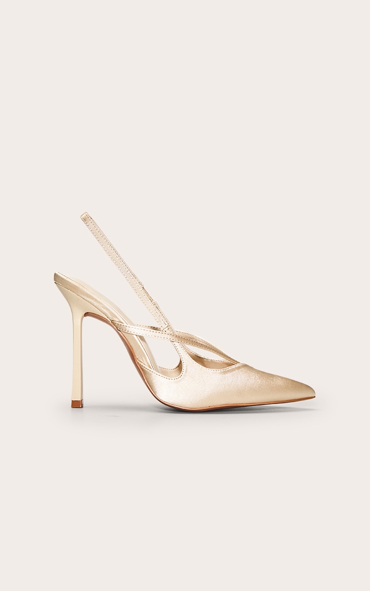 PLT Label Champagne Satin Sling Back Strappy Stiletto Heel Court image 2