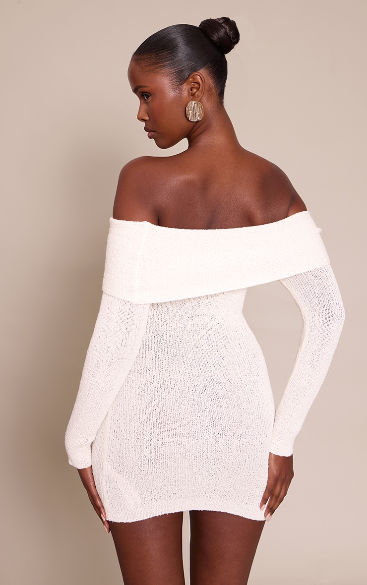 Cream Bardot Trim Detail Knitted Dress image 2