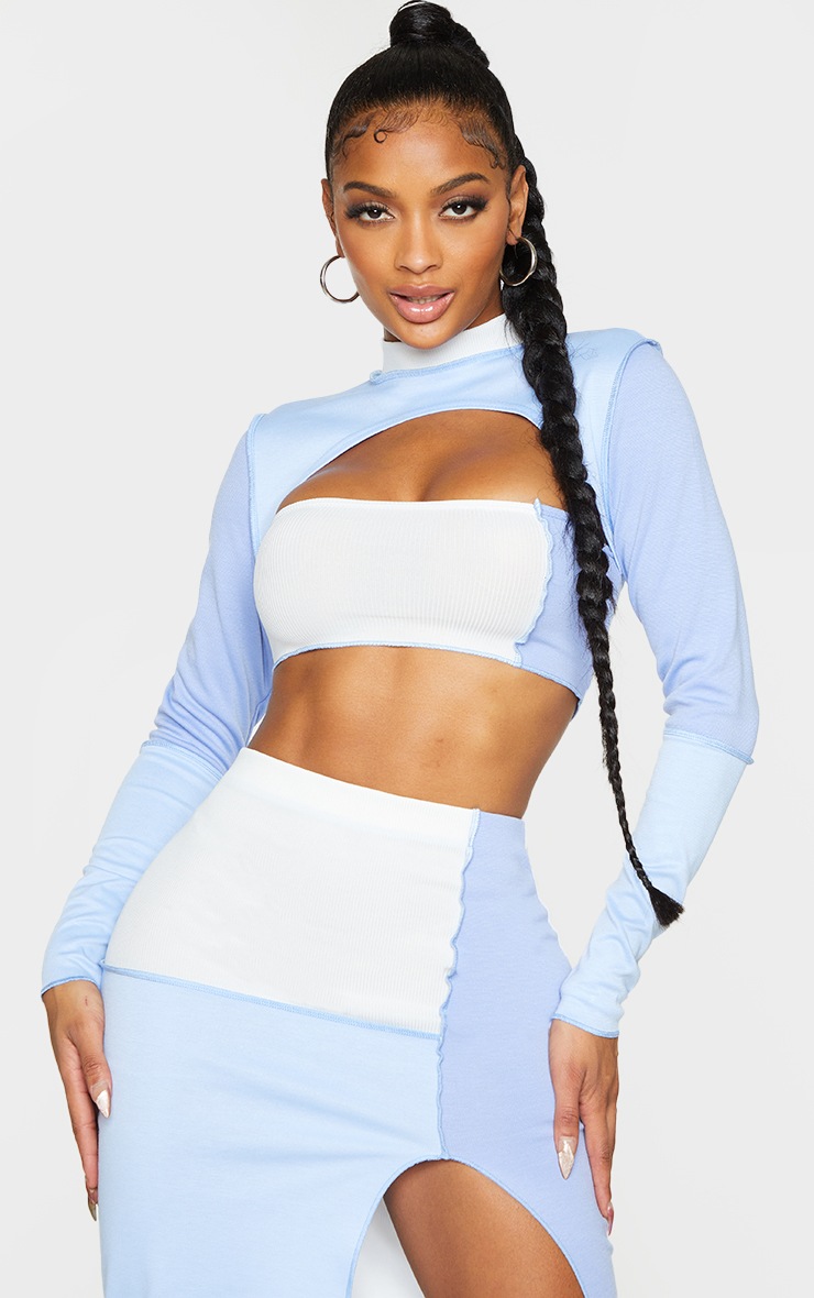 Shape Blue Panel Overlock Seam Cut Out Long Sleeve Crop Top