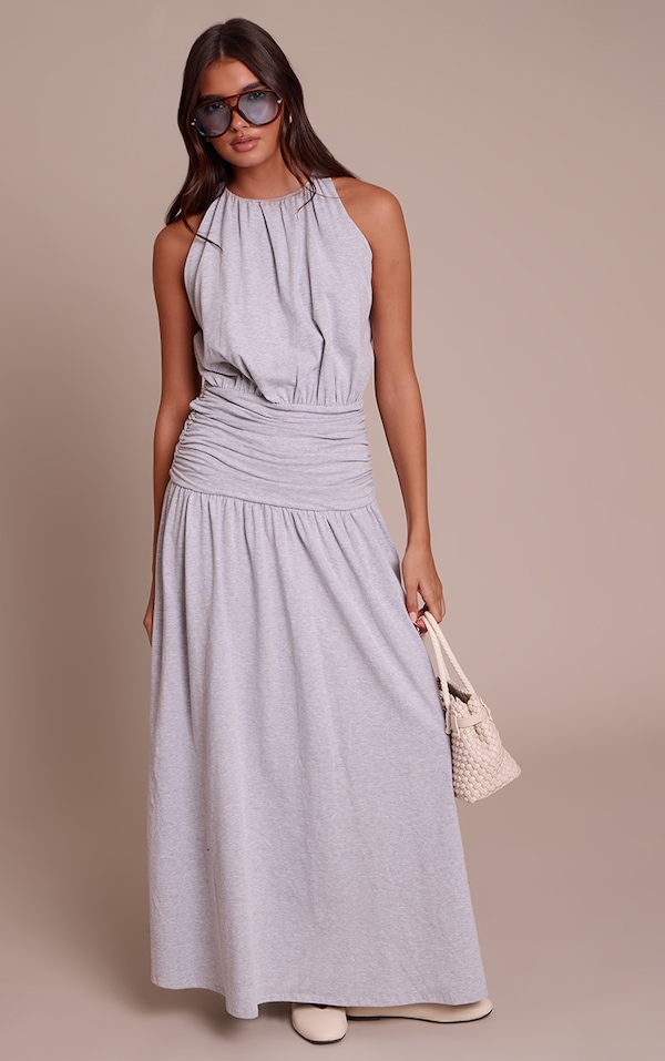 Charcoal Jersey Halterneck Ruched Detail Maxi Dress
