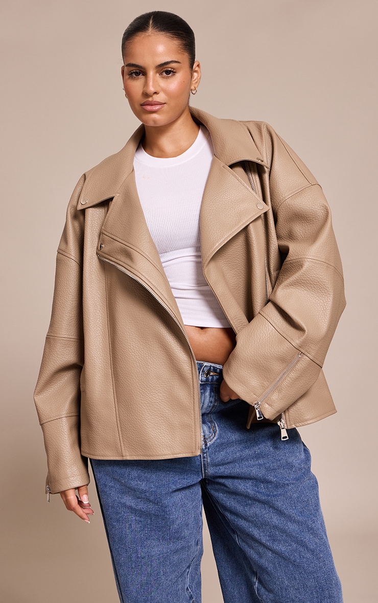 Plus Taupe Faux Leather Oversized Biker Jacket Plus Size PLT USA