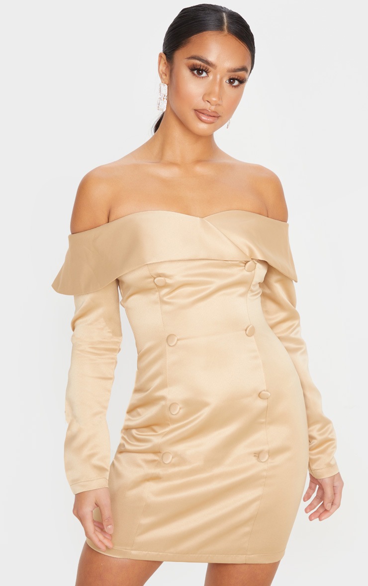 Petite Champagne Satin Bardot Blazer Dress
