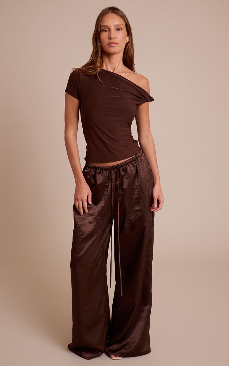Dark Chocolate Double Layer Slinky Asymmetric Knot Detail Long Top  image 3