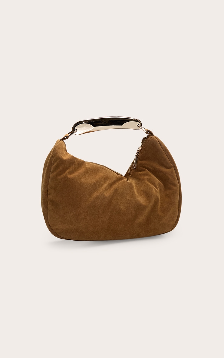 Tan Faux Suede Gold Abstract Handle Hand Bag image 3