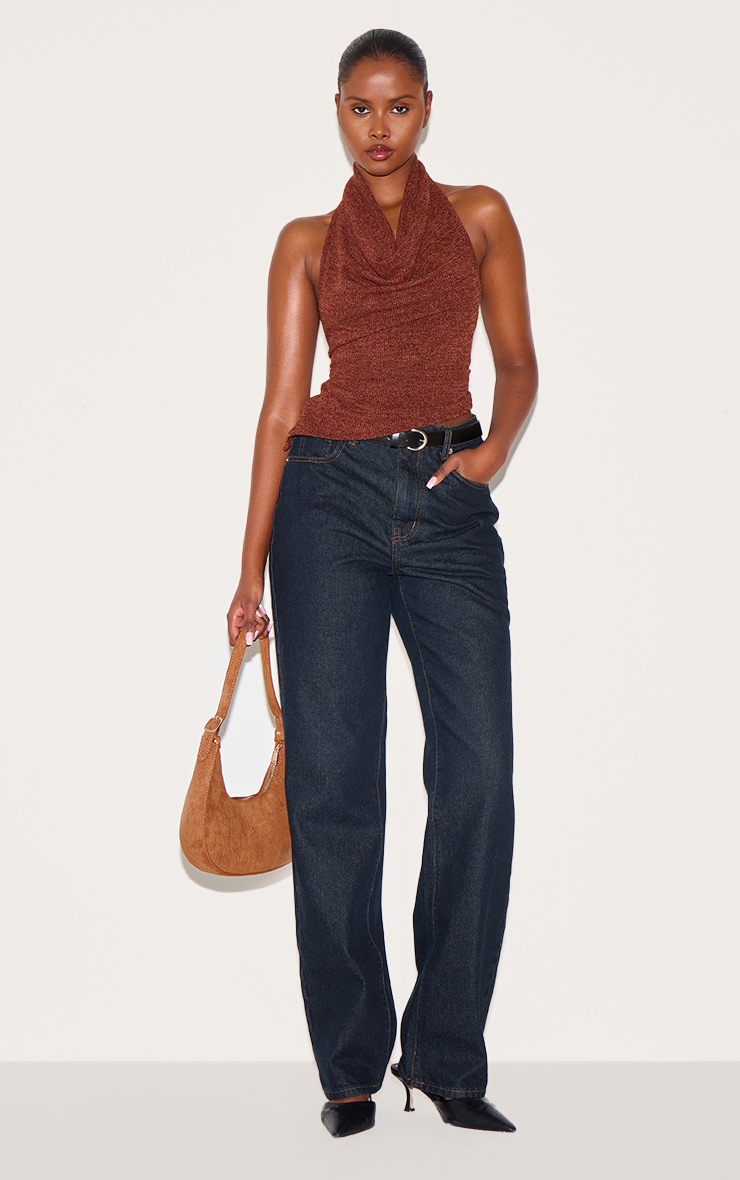 Brown Textured Cowl Neck Backless Long Top image 3