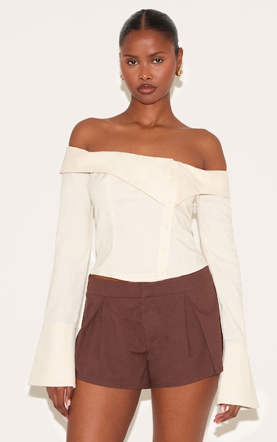 Chemise en effet lin mélangé jaune beurre à col bardot et boutons