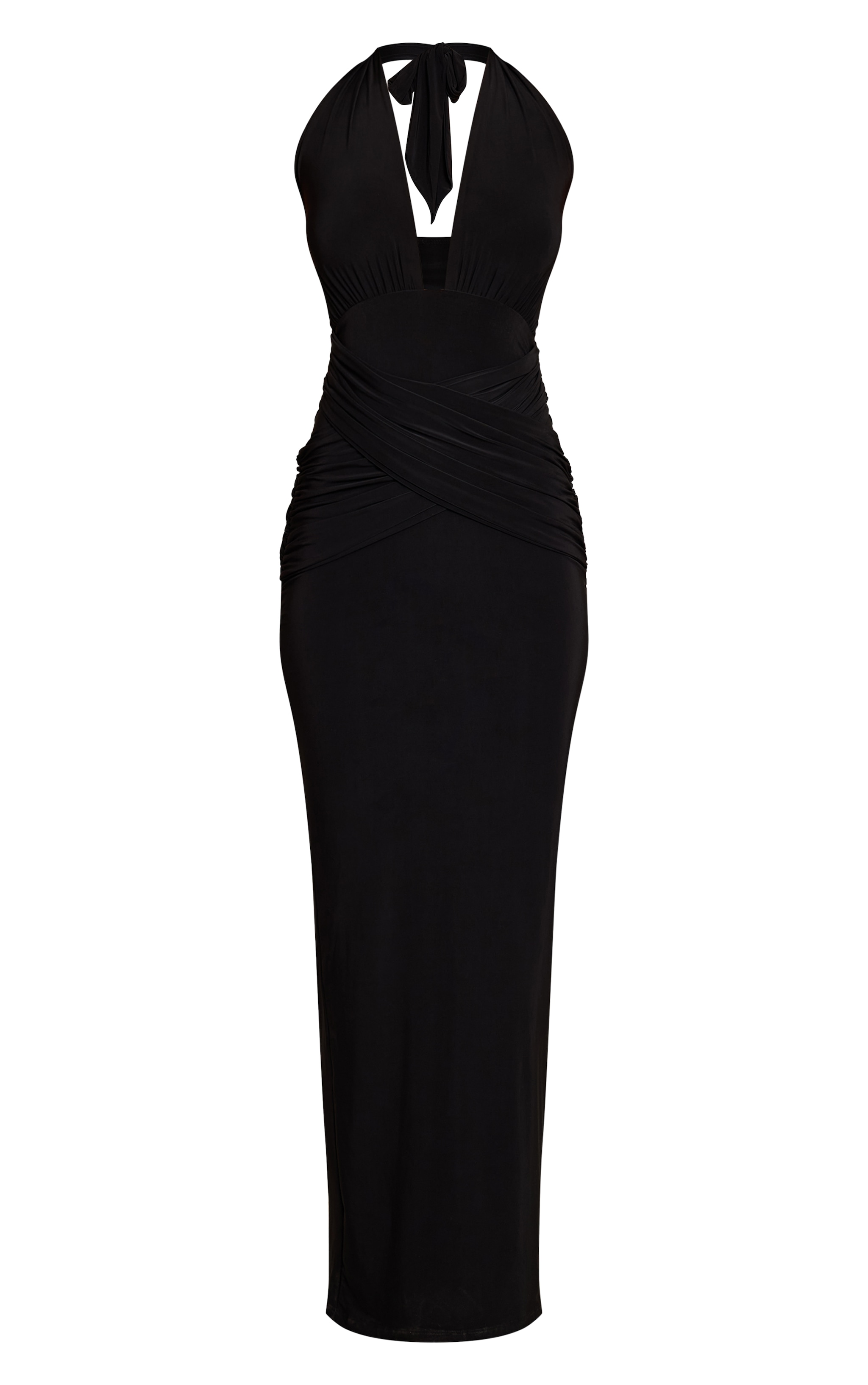 Robe longue moulante noire à décolleté et parties superposées image 5