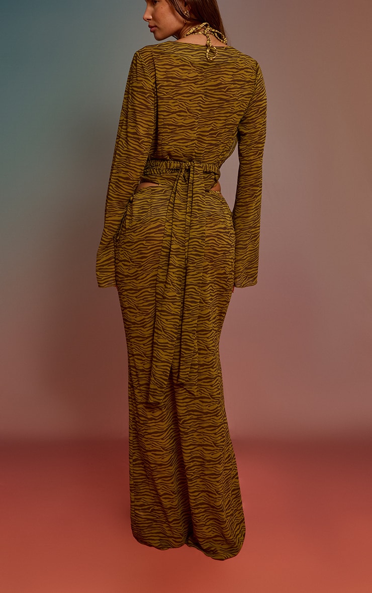 Olive Zebra Printed Chiffon Low Rise Maxi Skirt image 3