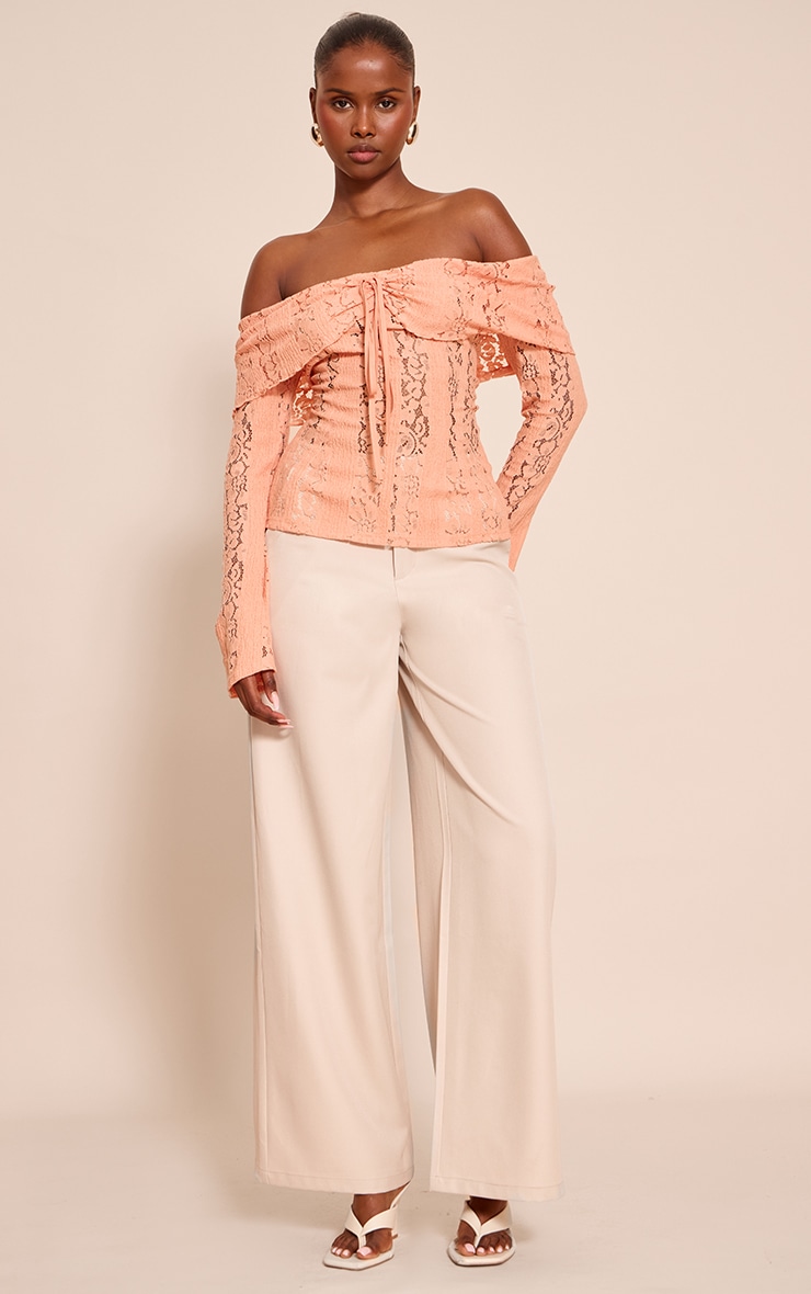 Peach Fitted Lace Flared Sleeve Bardot Top image 3