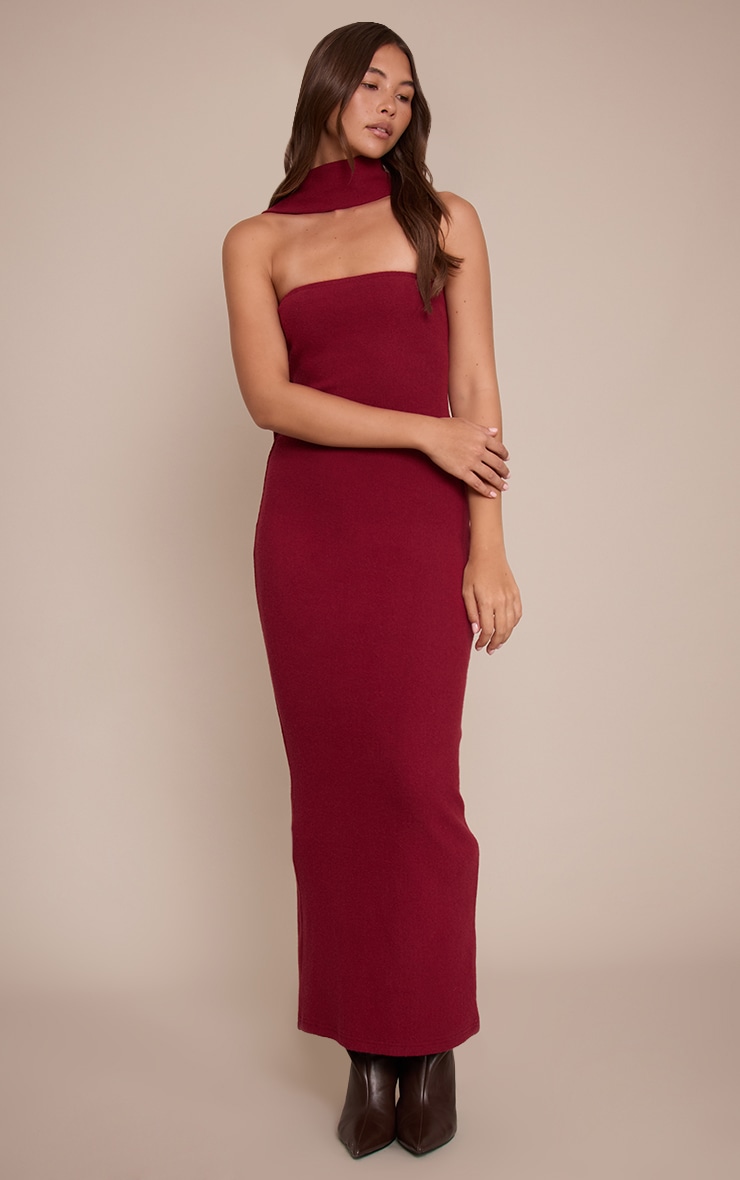 Wine Brushed Rib Scarf Detail Bandeau Maxi Dress