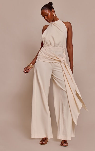 Buttercream Woven Halterneck Wrap Detail Wide Leg Jumpsuit