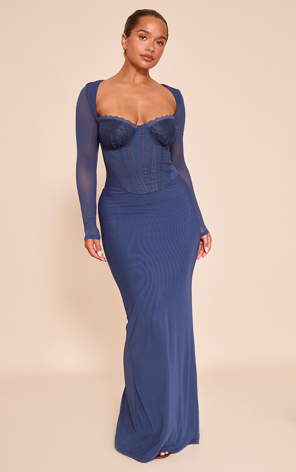 Shape navy Mesh Lace Insert Corseted Maxi Dress
