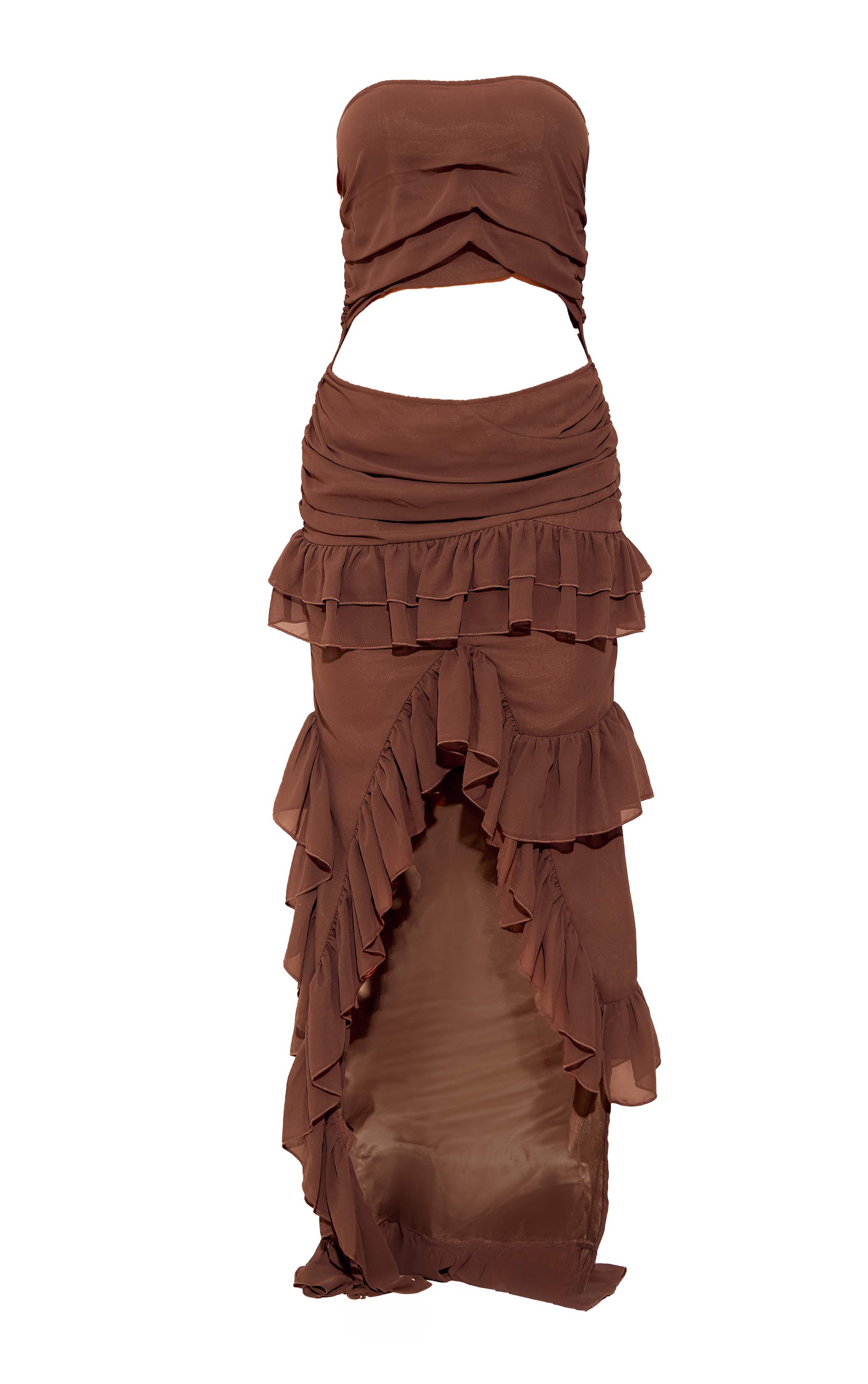 Brown Chiffon Ruched Cut Out Asymmetric Hem Midi Dress image 5