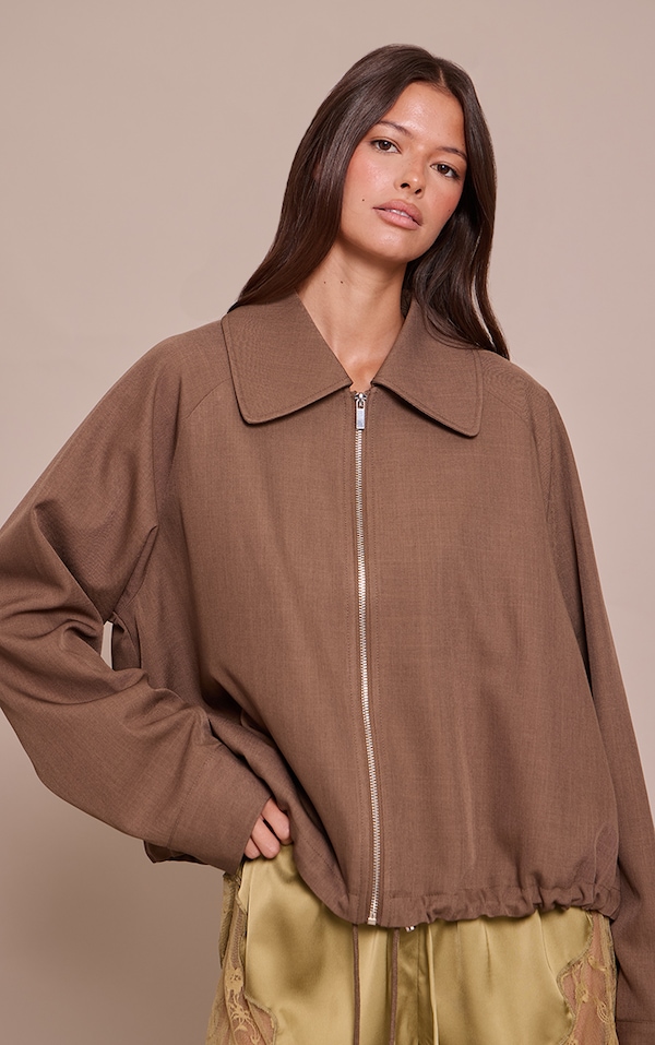Mocha Utility Style Draw Cord Bomber Jacket