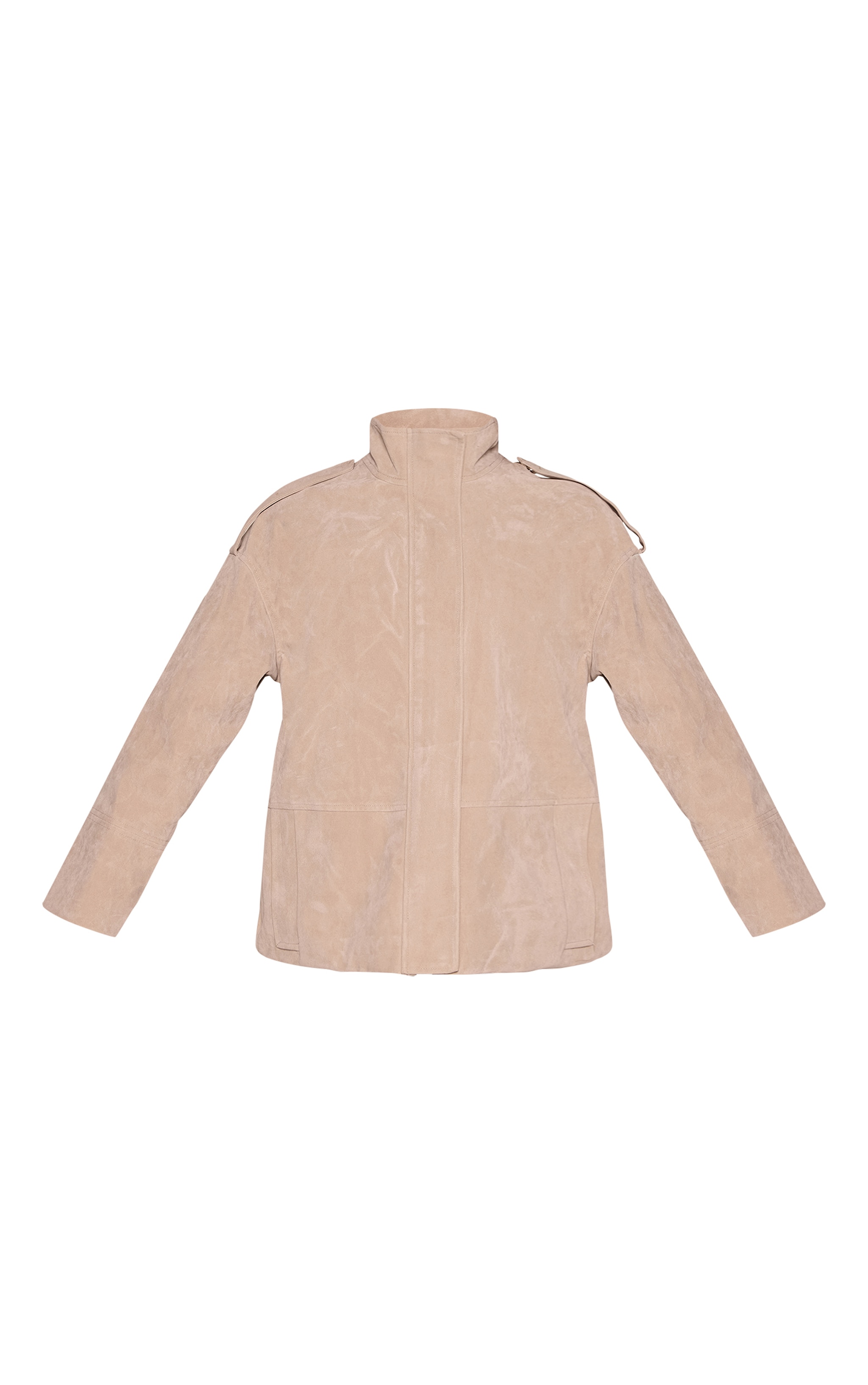 Stone Funnel Neck Concealed Placket Longline Suede Jacket image 5