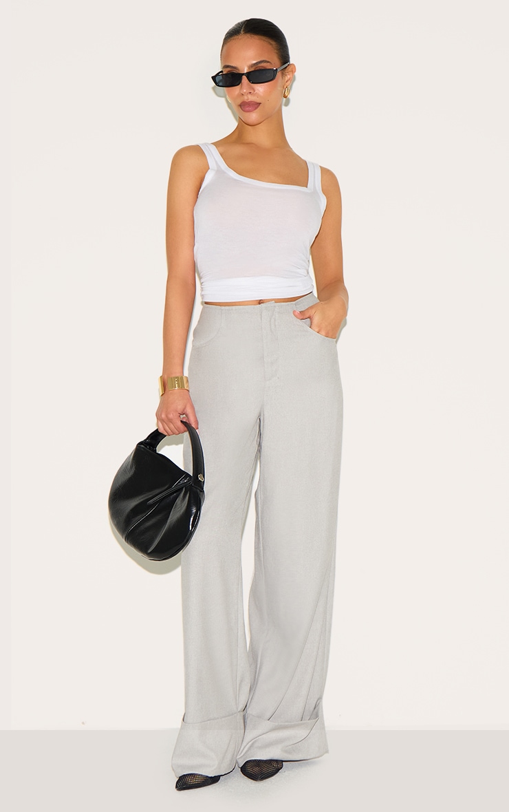Petite Grey Invisible Waistband Wide Leg Turn Up Pants image 1