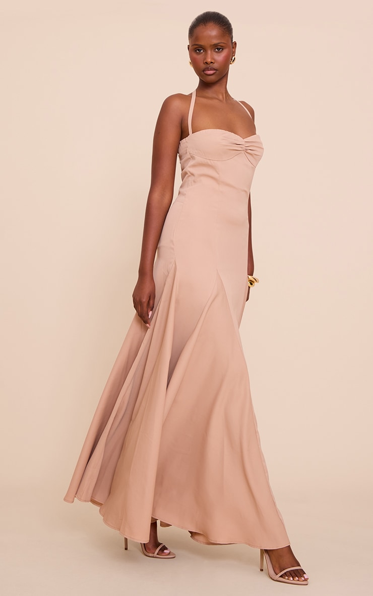 Taupe Woven Halterneck Ruched Bust Detail Maxi Dress image 3