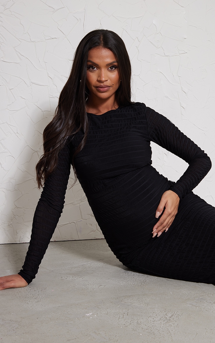 Maternity Black Shirred Long Sleeve Midi Dress PrettyLittleThing USA