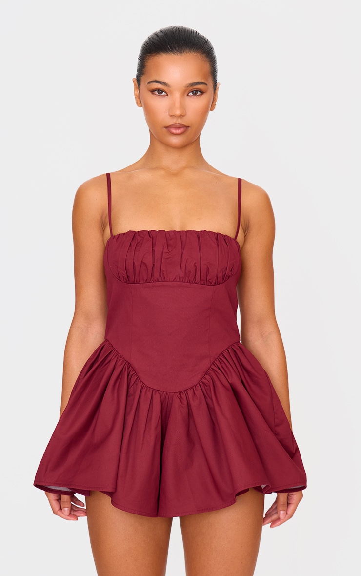 Burgundy Woven Dipped Waist Strappy Romper