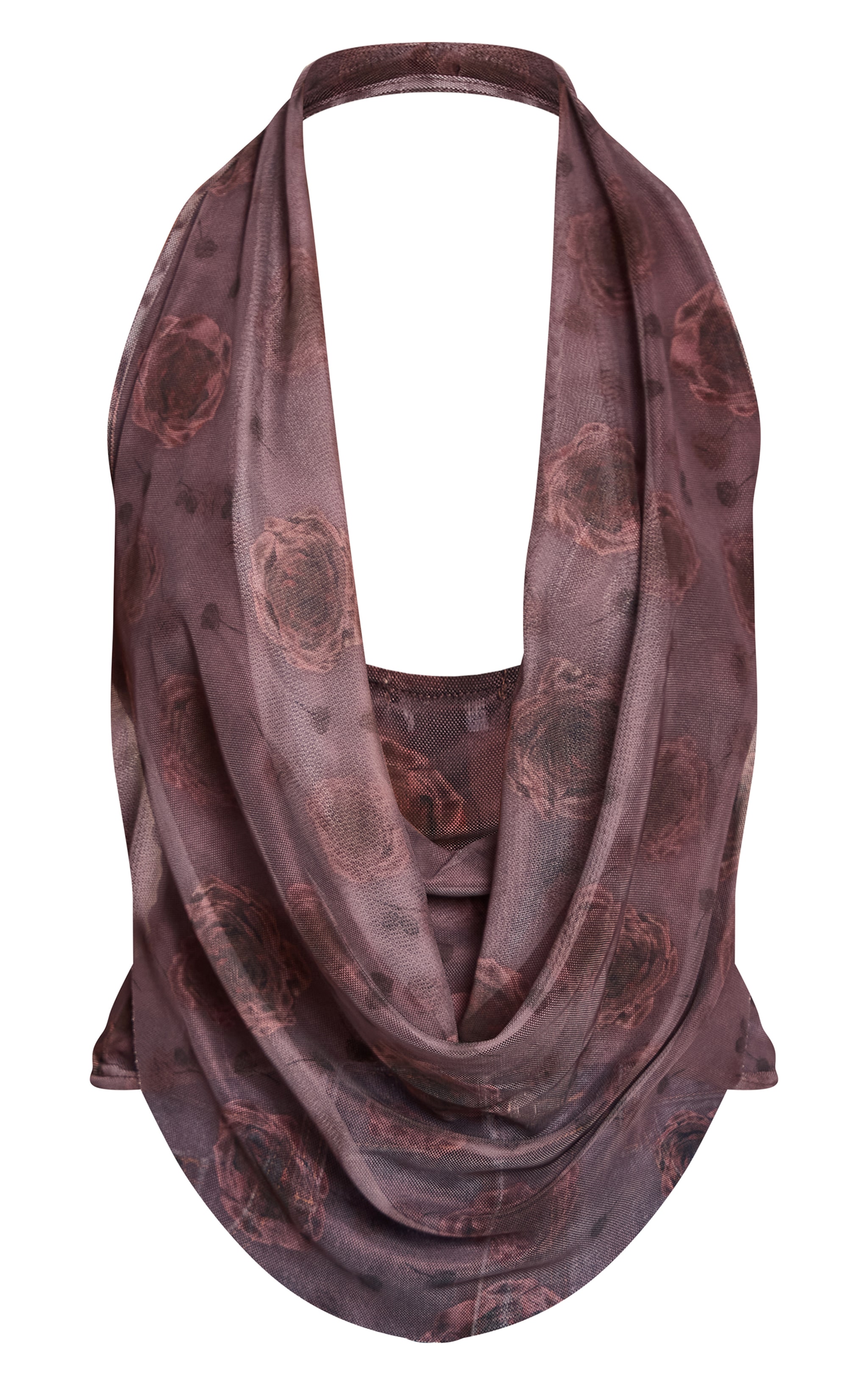 Dark Mauve Rose Print Mesh Halter Neck Top image 5