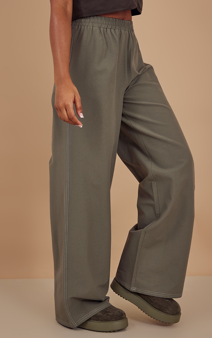 Sage Khaki Cotton Contrast Stitch Wide Leg Trousers image 2