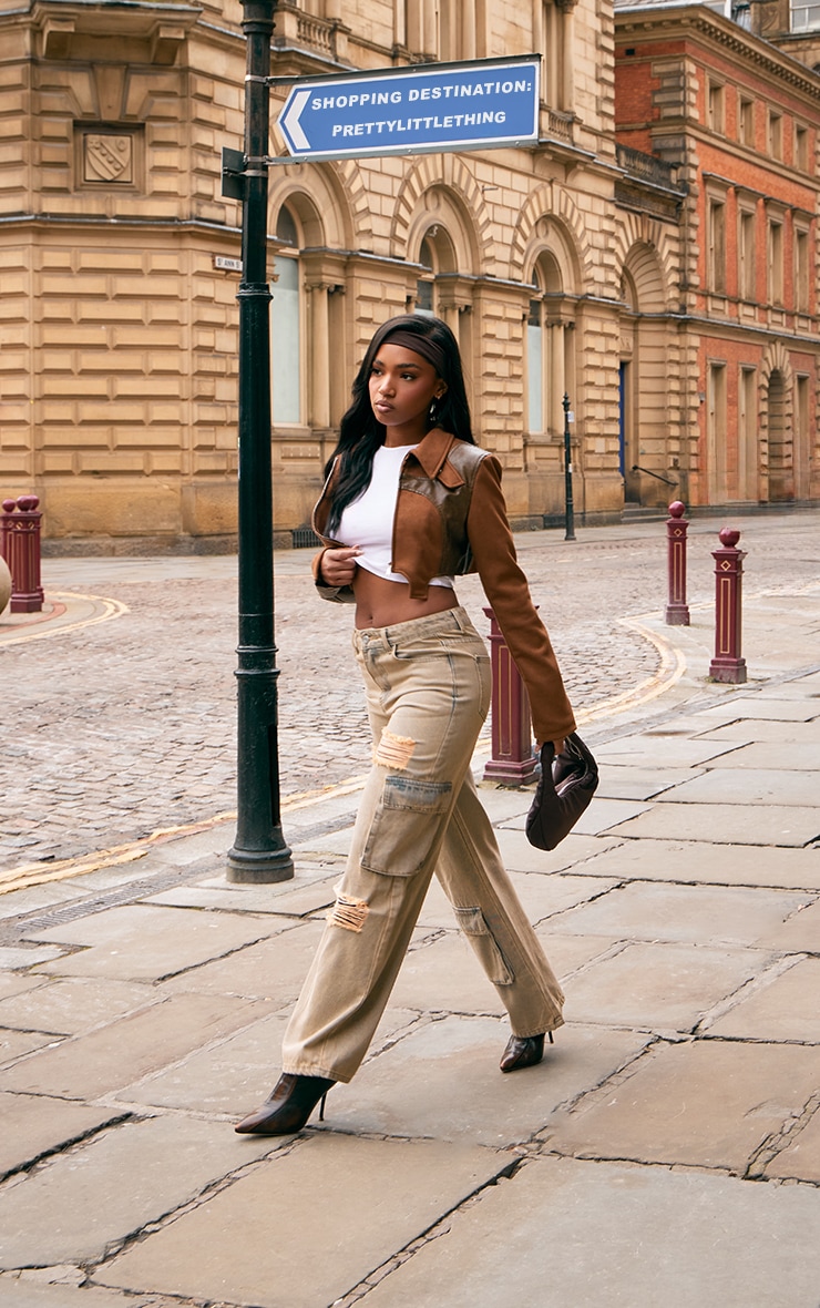 【mnem】Sorin Western Crop Jacket Brown Faux Suede Contrast PU Western Crop Jacket | Outerwear