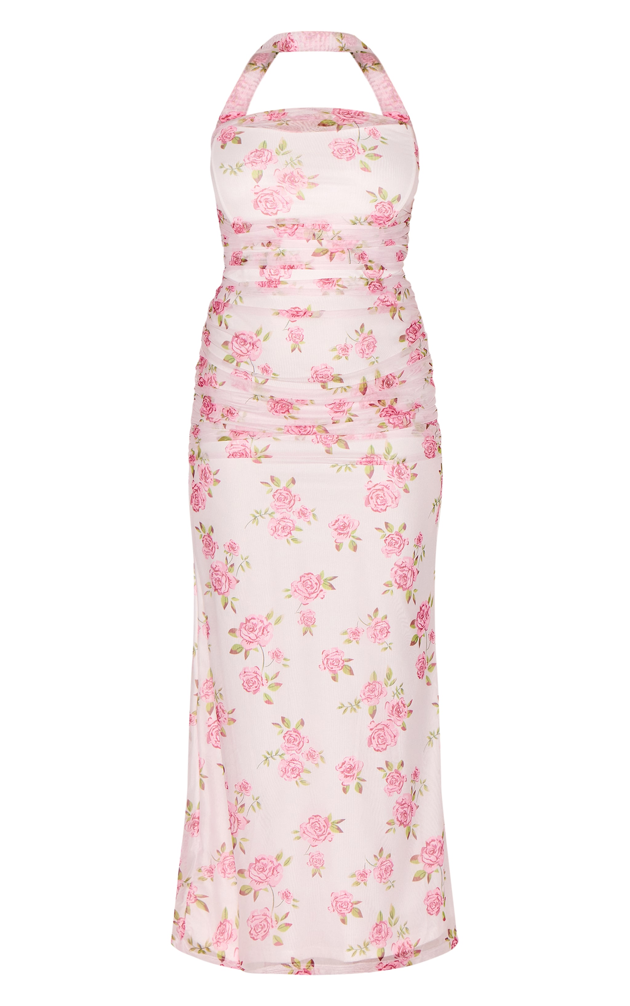 Plus Robe longue rose fleurie froncée à détail foulard image 5