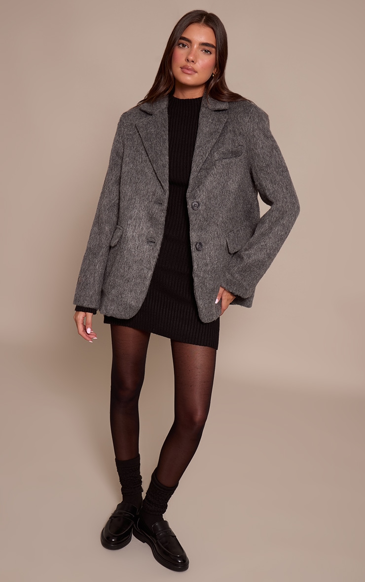 Charcoal Brushed Wool Look Oversized Blazer image 3
