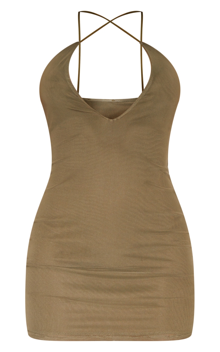 Olive Mesh Plunge Cross Strap Bodycon Dress image 5