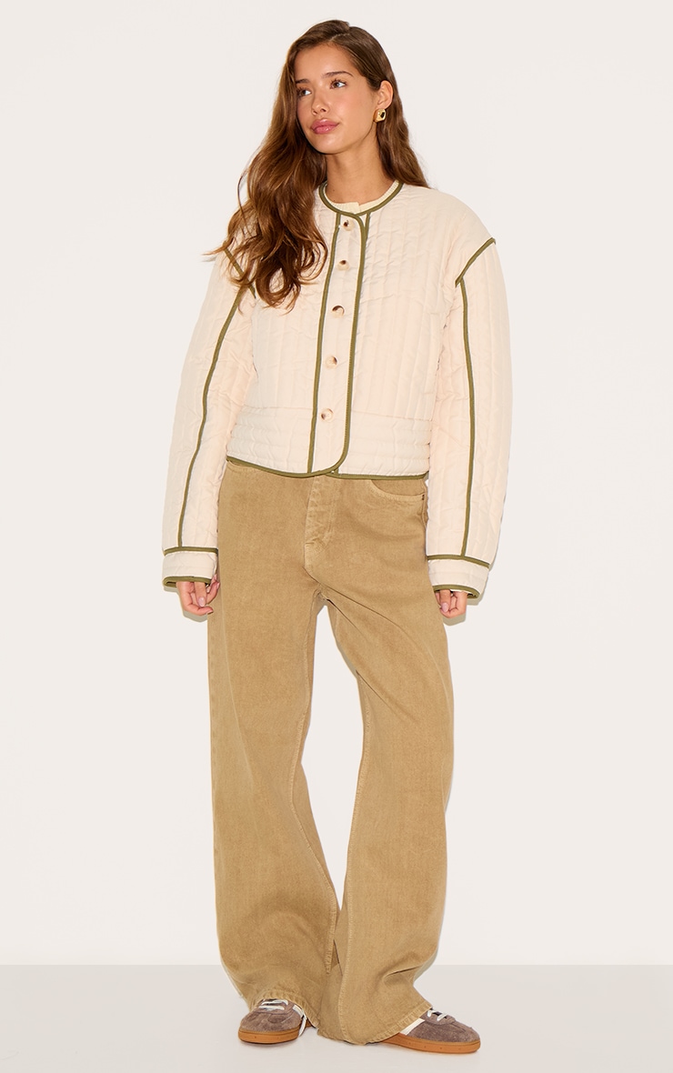 Cream Button Up Round Neck Quilted Jacket image 3