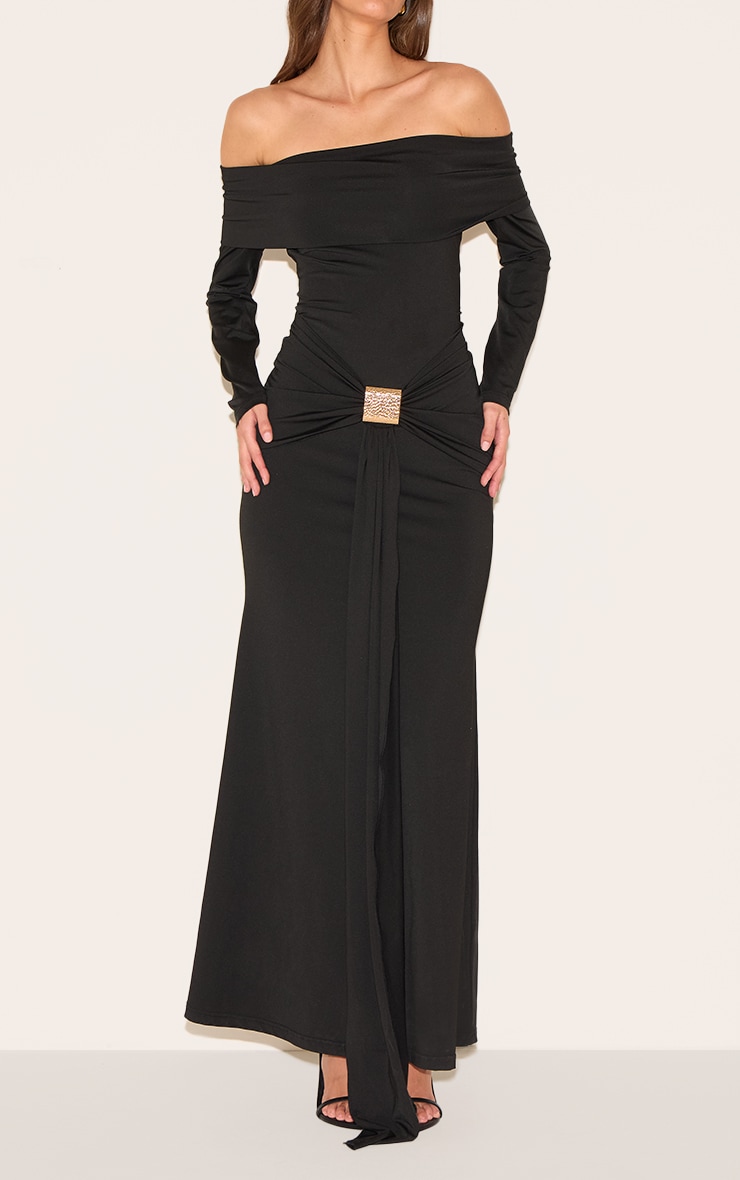 Black Bardot Long Sleeve Trim Drape Detail Maxi Dress image 4