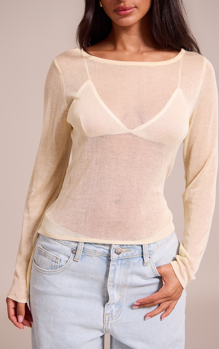 Top Petite Crème en maille tricot transparente à manches longues image 4