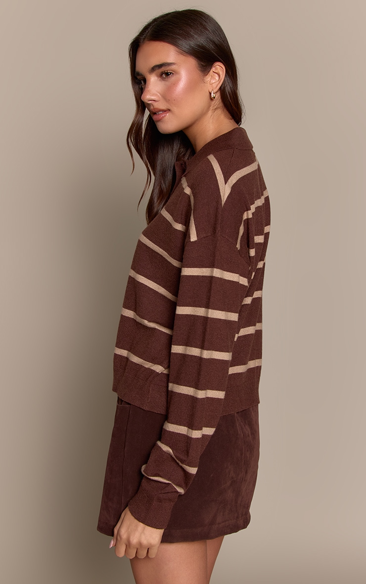 Chocolate Stripe Polo Knit Long Sleeve Rugby Top  image 2