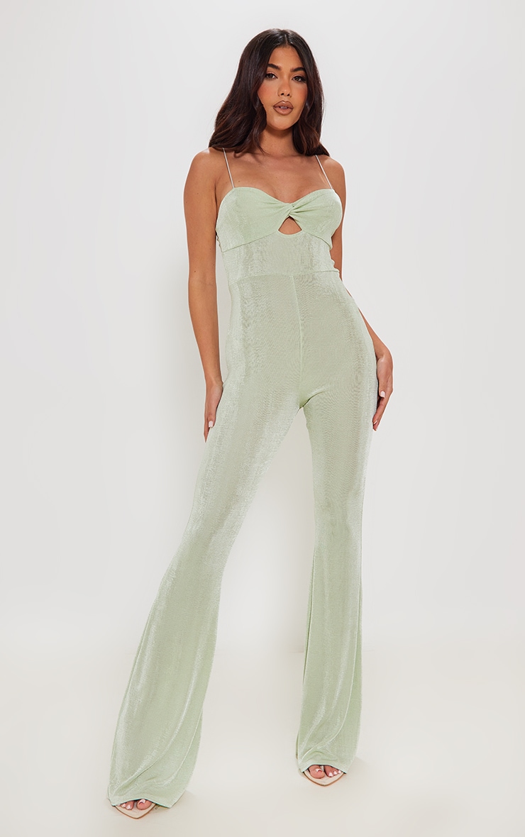 Sage Green Acetate Slinky Twist Bust Flared Jumpsuit image 1