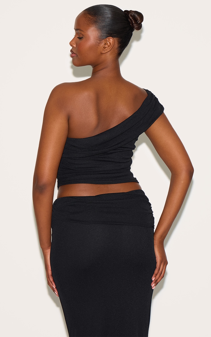 Black Onion Skin Ruched Side Asymmetric Top image 2