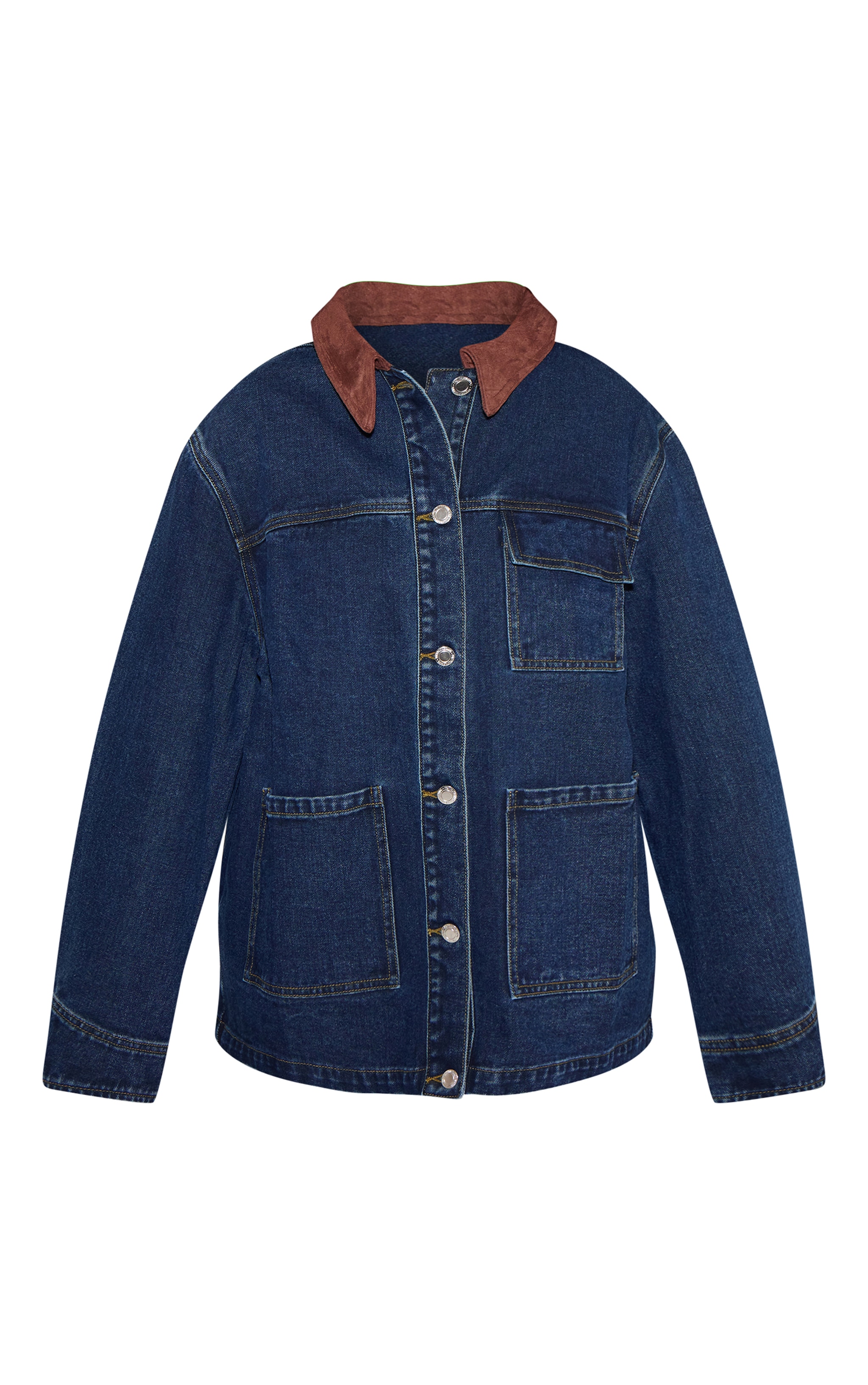 Petite Mid Blue Wash Contrast Collar Utility Denim Jacket image 5
