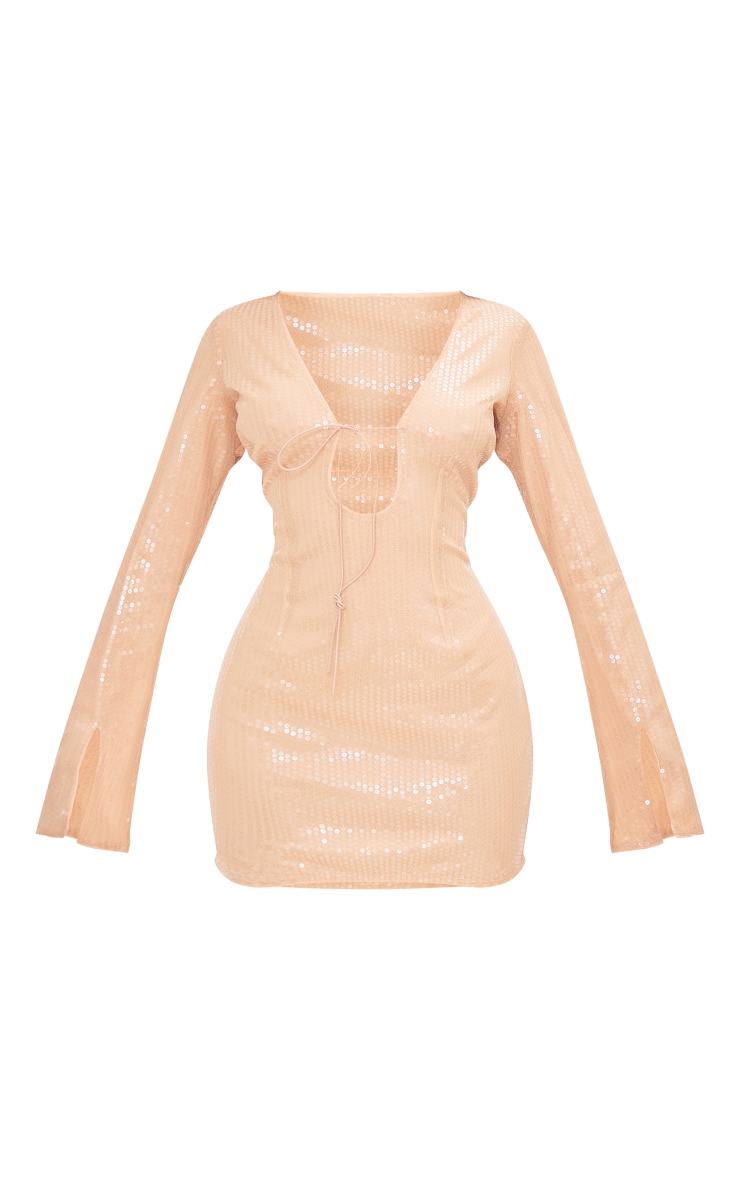Petite Nude Sequin Tie Front Flare Sleeve Shift Dress image 4
