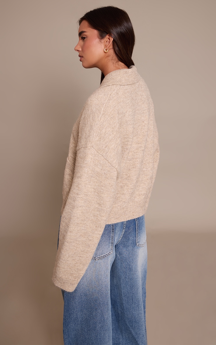 Oatmeal Brushed Knit Collar Cardigan image 2