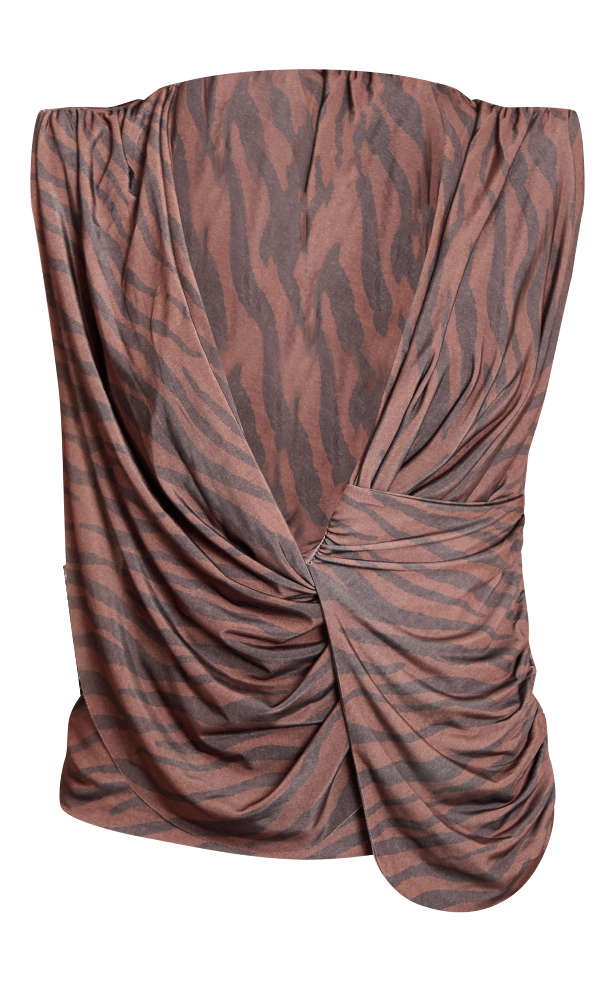 Brown Animal Print Double Layer Cowl Drape Ruched Long Top image 5