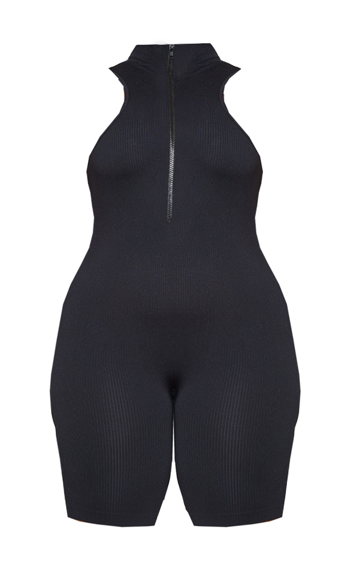 Plus Black Structured Snatched Rib High Neck Unitard image 5